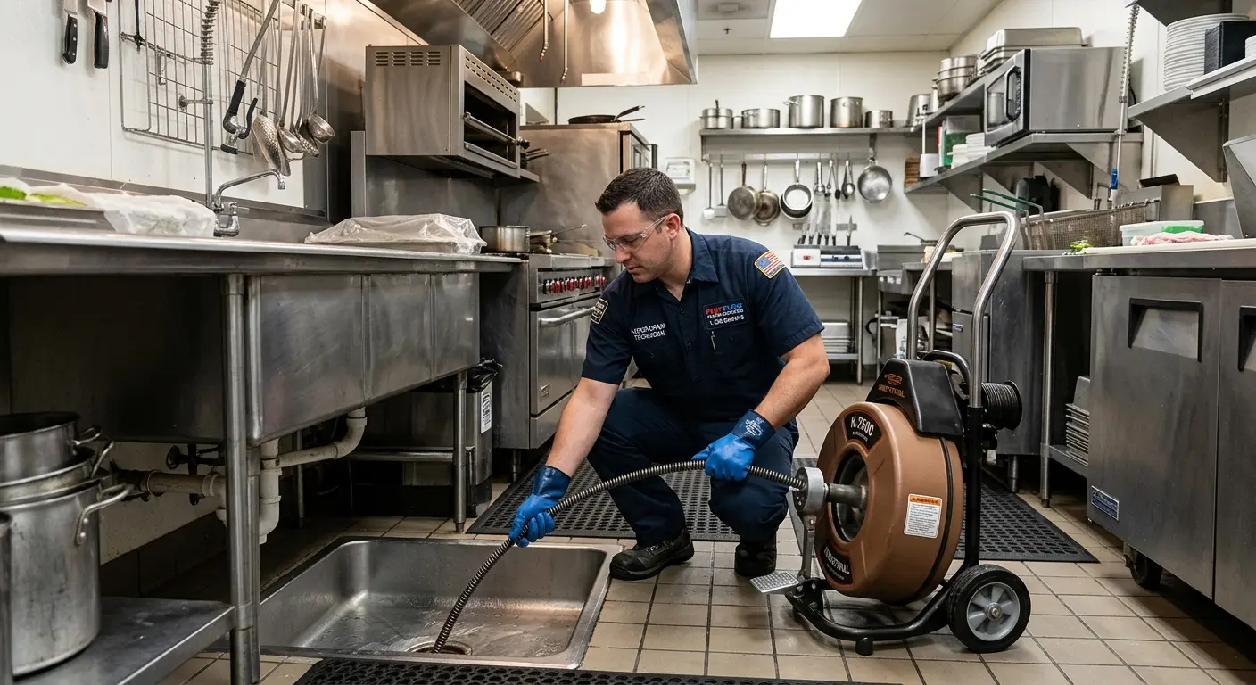 Commercial drain cleaning service in a restaurant kitchen in Sidney