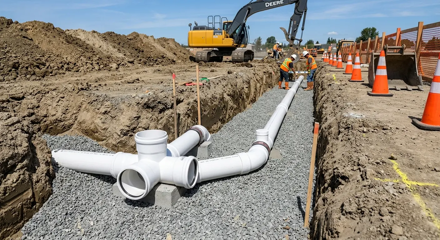 New PVC sewer pipe installation in open trench for Grease Trap Cleaning in Sidney