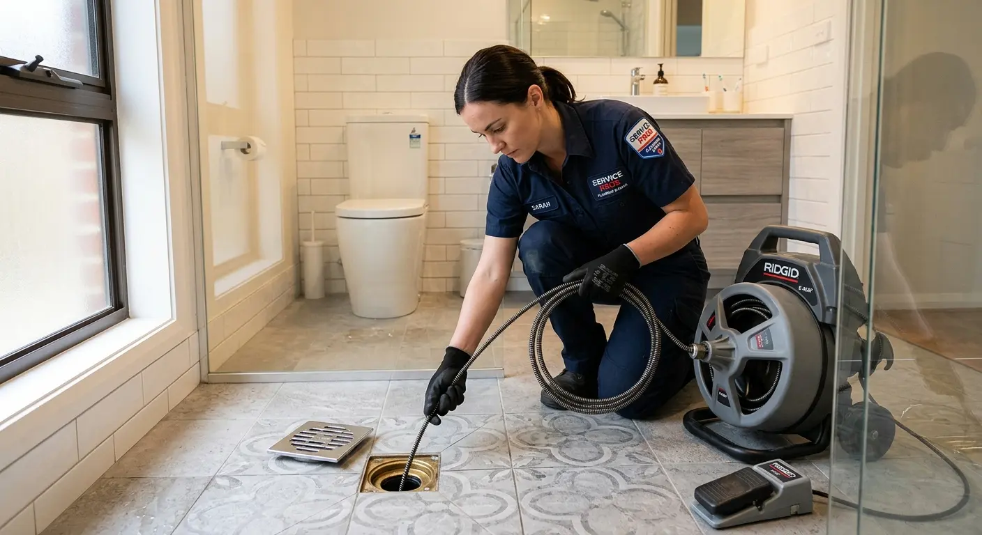 Technician clearing a bathroom floor drain for Clogged Drain Repair in Sidney
